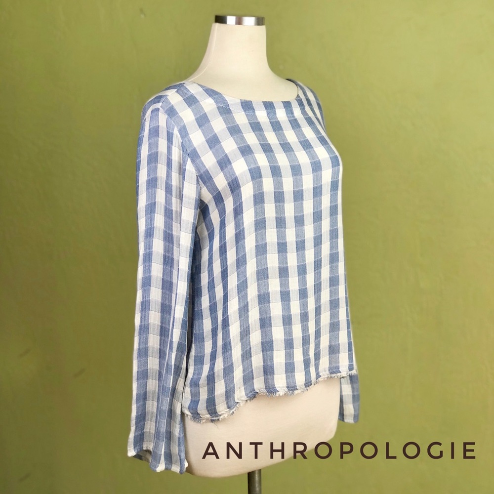 Anthropologie CLOTH & STONE XS Blue & White Gingham Top Rayon Tencel Anthro